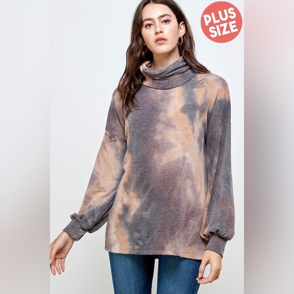 704 ❤️ PLUS SIZE TIE DYE PULLOVER WITH FACE COVERING OPTION- BROWN PEACH TOP - Picture 1 of 4
